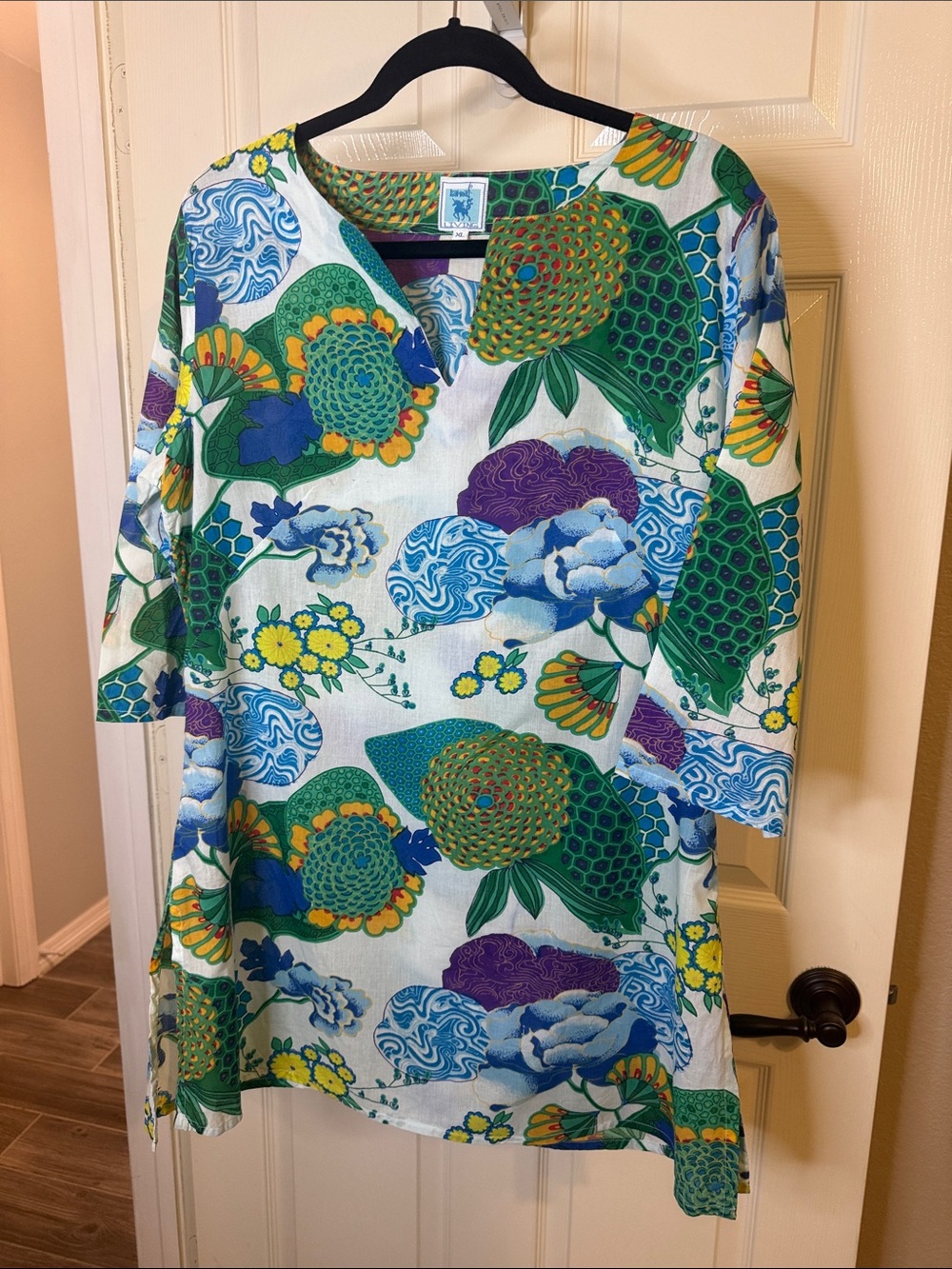 Karma Living XL Floral Cotton Tunic Top in Green & Teal